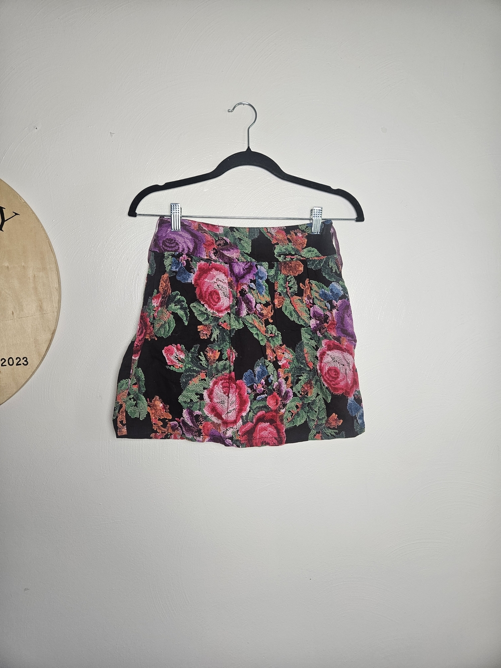dELiA*s Black Mini Skirt with Pink & Purple Rose Print